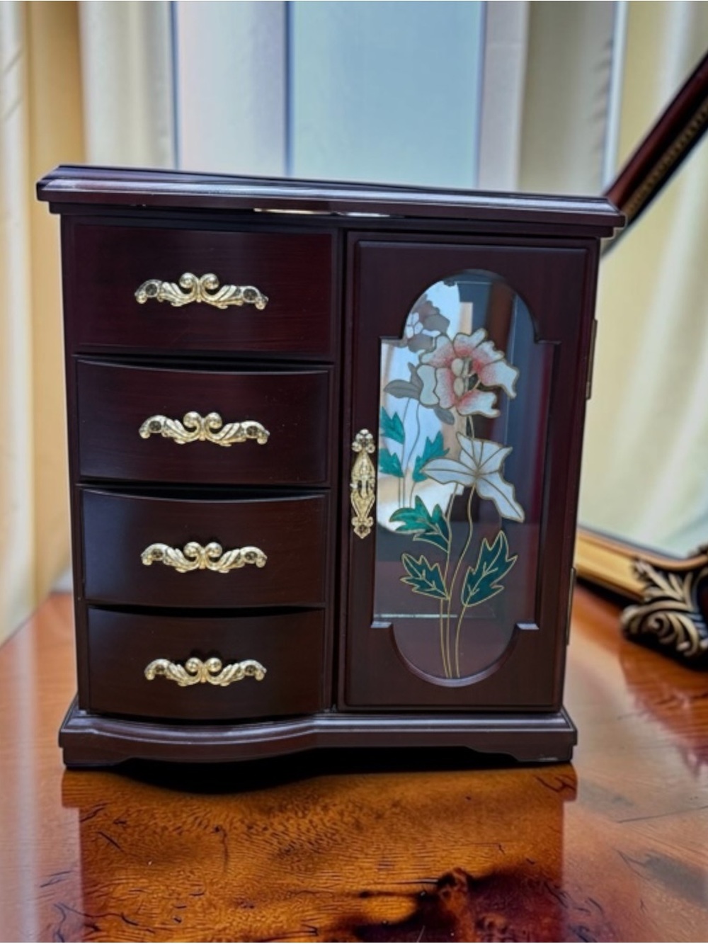 Vintage Musical Jewelry Box, Mahogany Finish, Floral Mirror, 3 Drawers